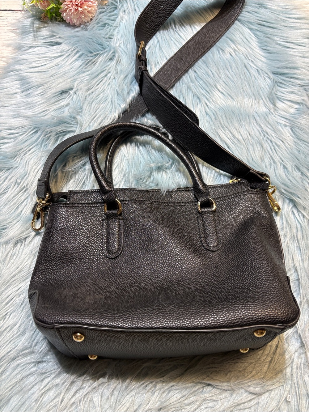Nanette Lepore Black Pebbled Leather Satchel Gold Hardware and Detachable Strap - Picture 4 of 9